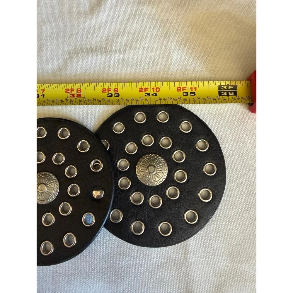 Boho Y2K Leather Disc Concho Belt Black Brass Grommet Statement Belt Western 36'